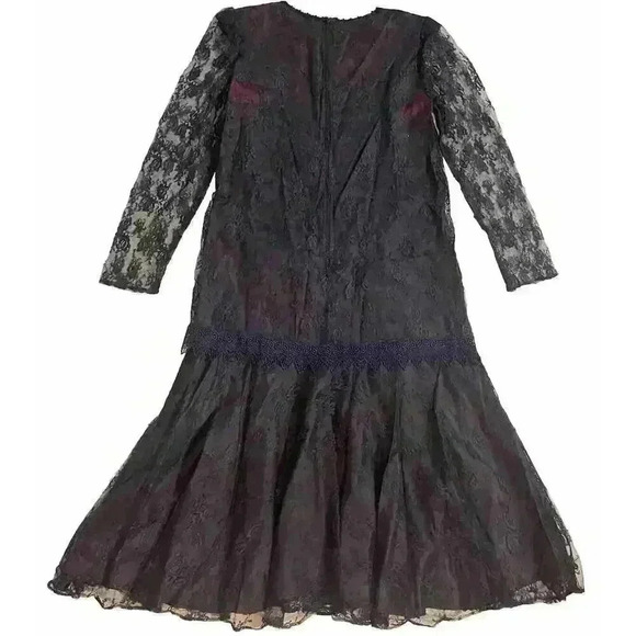 GILBERTI Victorian Vintage Navy Lace Dress 10 M L Goth Flapper 80s Midi Formal - Picture 6 of 7